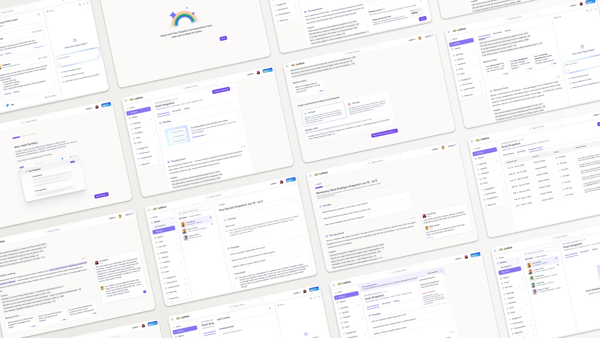 Surface UI: multiple screens showing the Snapshot workflow end-to-end